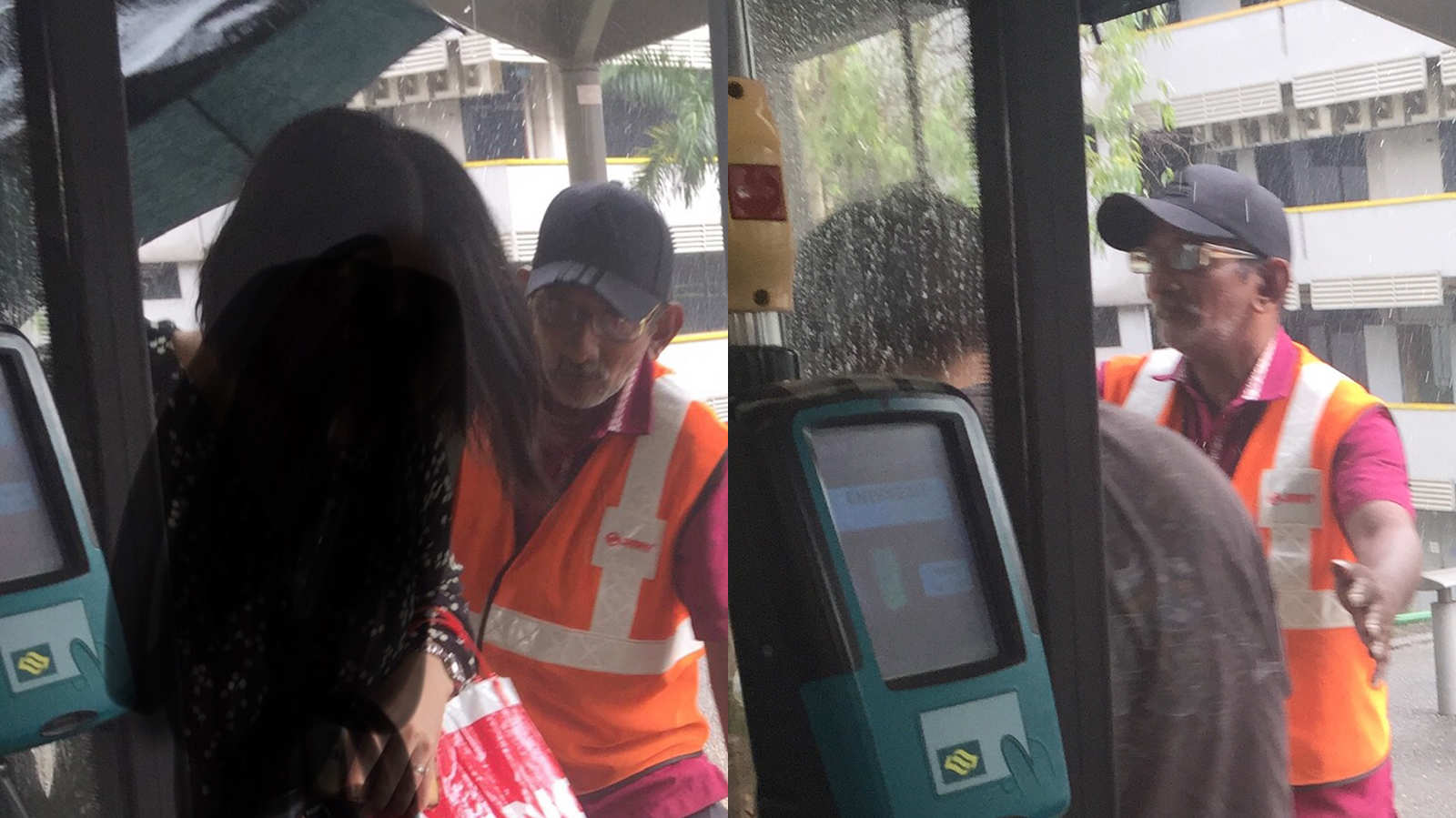 Bus captain goes out of his way to keep passengers dry in the rain