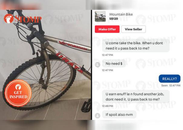 Man turns to food delivery after losing job, kind seller offers him bike for free during circuit breaker in singapore