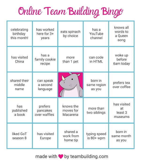 work from home team building bingo