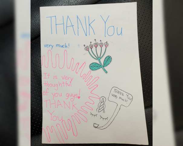 Thank you card from Cheng Hun and her 11 year old child for the support during circuit breaker