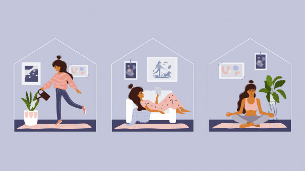 illustration of a girl takes care for houseplants, reading book, doing yoga. Cozy modern scandinavian interior. Self isolation, quarantine due to coronavirus. Set of illustration of home activities