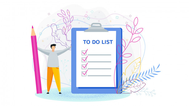 an illustration of a man holding up a life-sized to-do list and pencil with plant designs in the background