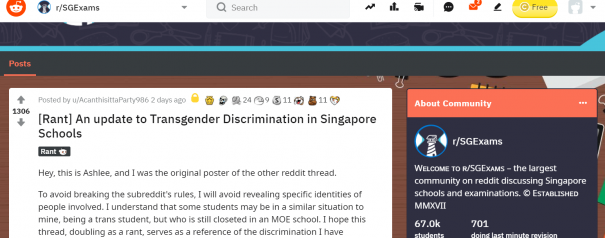 Reddit post on Transgender Discrimination 