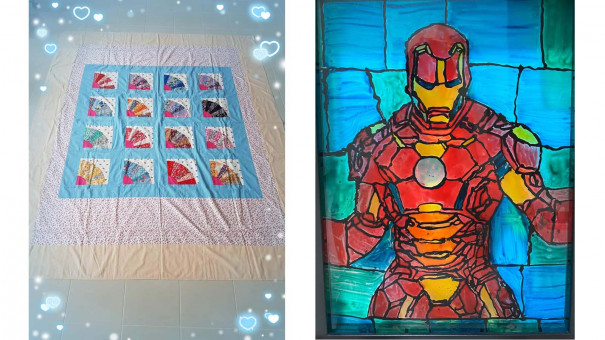 Handmade patchwork blanket and Iron Man stained glass painting