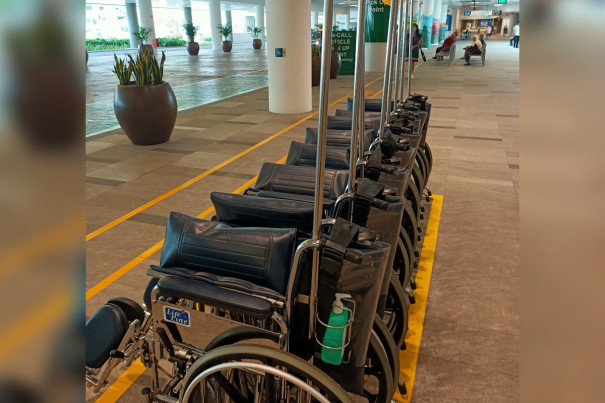Wheelchairs clamped together at Sengkang General Hospital.