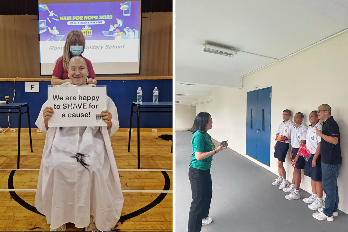 Smiling boy with shaved head holding a protest sign about charity, girl with mask in background, school indoor setting, community service, school event, The Pride - Singapore Kindness Movement.