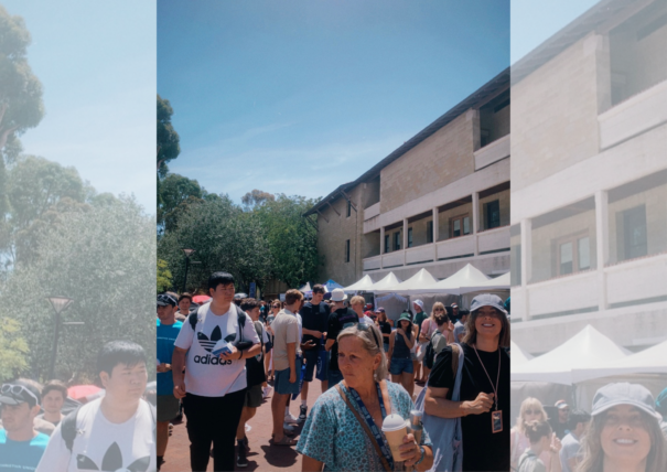 A crowded Australian university campus in the afternoon
